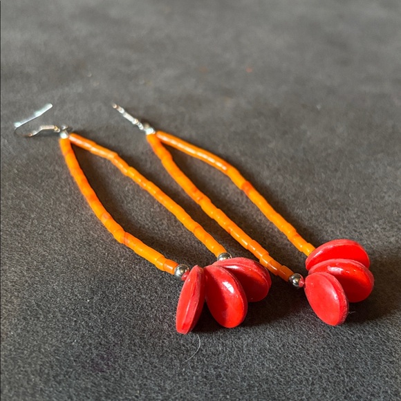 Handmade Orange and Red Beaded Drop Earrings - Picture 2 of 2